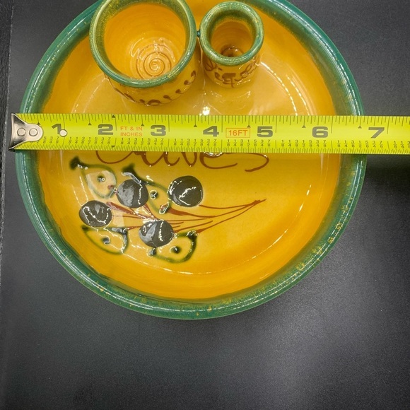 French Olive Dish W/Toothpick & Pit Bowls Gold & Green 7” Diameter - Picture 15 of 16